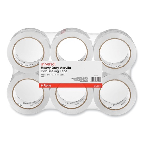  | Universal UNV33100 Heavy-Duty Acrylic 3 in. Core 1.88 in. x 54.6 yds. Box-Sealing Tape - Clear (6-Piece/Pack) image number 0