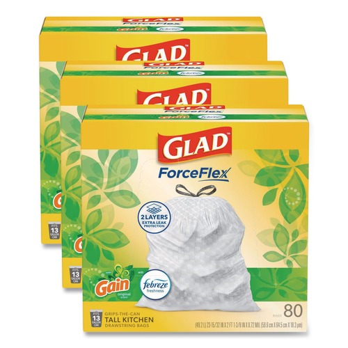 Cleaning & Janitorial Supplies | Glad 78900 ForceFlex 24 in. x 27.38 in. 13 Gallon Kitchen Drawstring Trash Bags - Gain Original Scent/White (240/Carton) image number 0