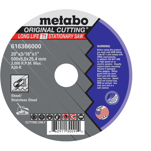Grinding, Sanding, Polishing Accessories | Metabo 616366000 5-Piece 20 in. x 3/16 in. A30R Type 1 Cutting Wheel image number 0
