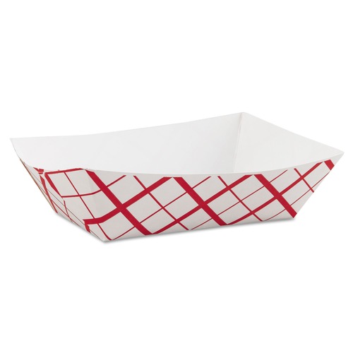 Food Trays, Containers, and Lids | SCT SCH 0425 7.2 in. x 4.95 in. x 1.94 in. 3 lbs. Capacity Paper Food Baskets - Red/White (500/Carton) image number 0