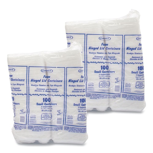 Food Trays, Containers, and Lids | Dart 80HT3R 3-Compartment 7.5 in. x 8 in. x 2.3 in. Foam Hinged Lid Containers - White (200/Carton) image number 0