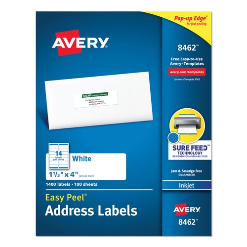 Office Jansan | Avery 08462 1.33 in. x 4 in. Easy Peel Address Labels with Sure Feed Technology for Inkjet Printers - White (14/Sheet, 100 Sheets/Box) image number 0
