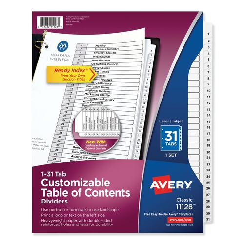 Office Jansan | Avery 11128 Ready Index 11 in. x 8.5 in. 31-Tab Customizable TOC 1 to 31 Tab Dividers - Black/White (1-Set) image number 0