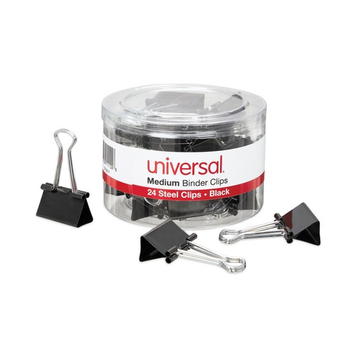 Universal UNV11124 Binder Clips in Dispenser Tub - Medium, Black/Silver (24/Pack) image number 0