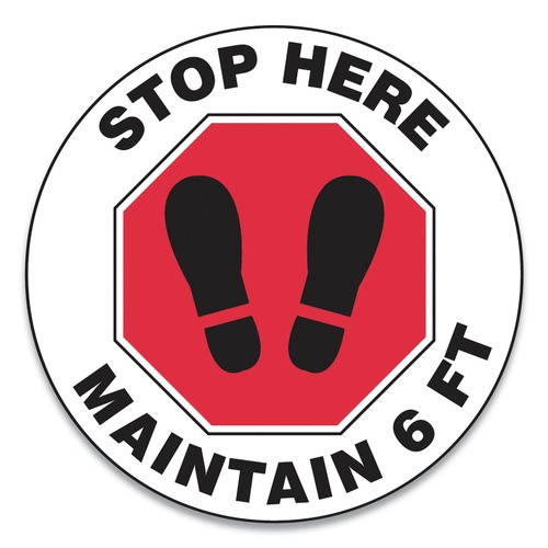 Floor Signs | GN1 MFS388ESP Slip-Gard 12 in. Circle Footprint Social Distance Floor Signs - Red/White (25/Pack) image number 0