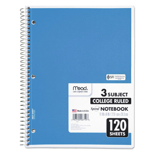 Office Jansan | Mead 06710 11 in. x 8 in. Sheets 3-Subject Medium/College Rule Spiral Notebook - Random Assorted Cover Color image number 0