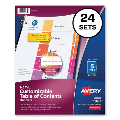 Office Jansan | Avery 11167 Ready Index 11 in. x 8.5 in. 5-Tab 1 to 5 Uncollated Customizable TOC Dividers - Multicolor Tabs/White (24/Box) image number 0