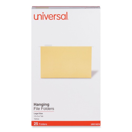  | Universal UNV14219 Deluxe Bright Color 1/5-Cut Tab Legal Size Hanging File Folders - Yellow (25/Box) image number 0