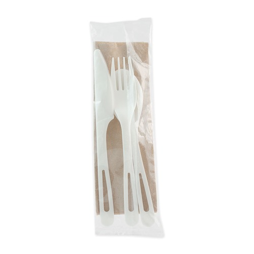 Labor Day Sale! Save $30 off $199! | World Centric ASPSTN 6 in. TPLA Compostable Knife/Fork/Spoon/Napkin Cutlery - White (250/Carton) image number 0