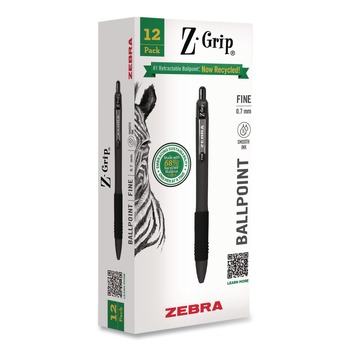 Zebra 20710 Z-Grip Medium 0.7 mm Recycled Retractable Ballpoint Pen - Black Ink/Black Barrel (1-Dozen)