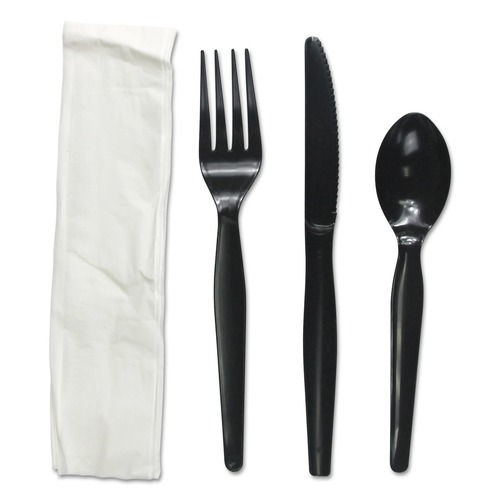 Cutlery | Boardwalk BWKFKTNHWPSBLA 4-Piece Heavyweight Fork/Knife/Napkin/Teaspoon Cutlery Kit - Black (250/Carton) image number 0