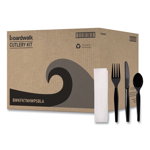 Cutlery | Boardwalk BWKFKTNHWPSBLA 4-Piece Heavyweight Fork/Knife/Napkin/Teaspoon Cutlery Kit - Black (250/Carton) image number 0