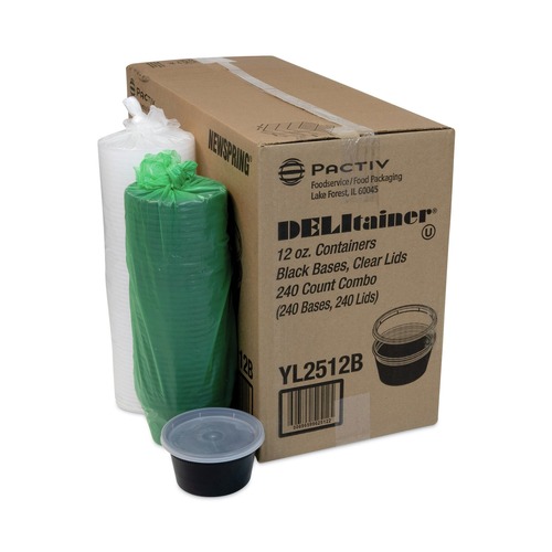 Food Trays, Containers, and Lids | Pactiv Corp. YL2512B Newspring DELItainer 4.55 in. Diameter x 2.45 in. H 12 oz. Plastic Microwavable Container - Black/Clear (240/Carton) image number 0