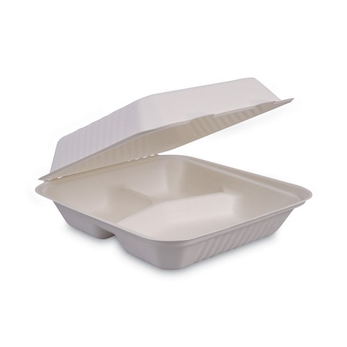 Food Trays, Containers, and Lids | Boardwalk HL-93BW 3 Compartment 9 in. x 9 in. x 3.19 in. Bagasse Hinged Lid Food Containers - White (2 Sleeves/Carton, 100/Sleeve) image number 0