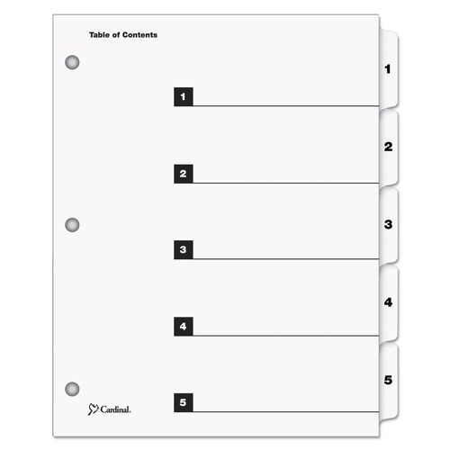 Cardinal 60533 11 in. x 8.5 in. 1-5, 5-Tab, QuickStep OneStep Printable Table of Contents and Dividers - White (24/Box) image number 0