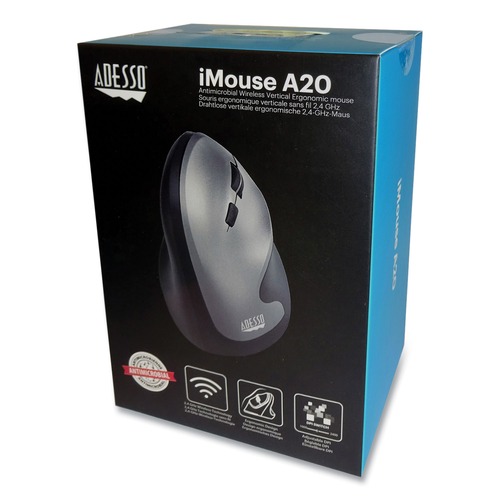 Office Electronics & Batteries | Adesso A20 iMouse A20 2.4 GHz Frequency 33 ft. Wireless Range Right Hand Use Antimicrobial Vertical Wireless Mouse - Black/Granite image number 0