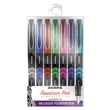 Zebra 0.6 mm Fine Fountain Pen - Assorted Ink and Barrel Colors (7/Pack)