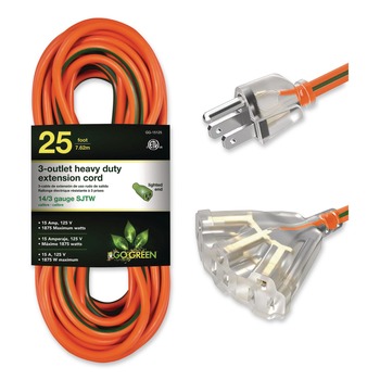 GoGreen Power 25 ft. 15 Amps 14 AWG 3-Outlet Heavy Duty Extension Cord - Orange