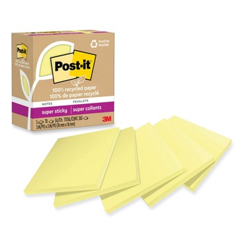 Post-it Notes Super Sticky 3 in. x 3 in. 100 Percent Recycled Paper Super Sticky Notes - Canary Yellow (5-Pads/Pack)