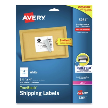 Avery 3.33 in. x 4 in. Shipping Labels with TrueBlock Technology for Laser Printers - White (6/Sheet, 25 Sheets/Pack)