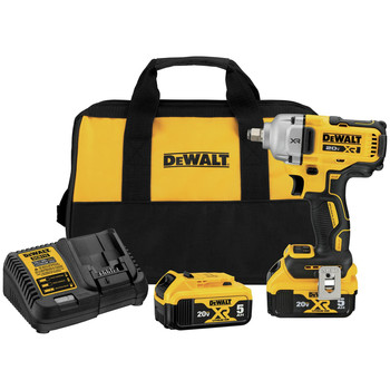 Dewalt 20V MAX XR Brushless Lithium-Ion 1/2 in. Cordless Mid-Range Impact Wrench Kit with Hog Ring Anvil and 2 Batteries (5 Ah)