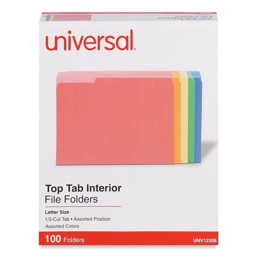 Mothers Day Sale! Save an Extra 10% off your order | Universal UNV12306 1/3-Cut Assorted Tab Interior File Folders - Letter Size, Assorted Colors (100/Box) image number 0