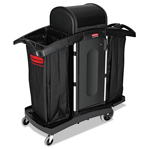 Cleaning Carts | Rubbermaid Commercial FG9T7800BLA High-Security 2-Shelf Housekeeping Cart - Black/Silver image number 0