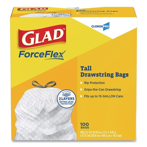 Trash Bags | Glad 78526 13 Gallon 0.72 mil 24 in. x 27.38 in. Tall Kitchen Drawstring Trash Bags - Gray (100/Box) image number 0