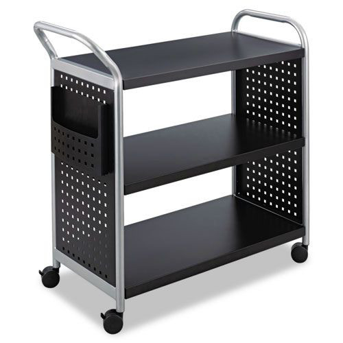 Bulk Savings Pricing 2 | Safco 5339BL 31 in. x 18 in. x 38 in. 3 Shelves 1 Bin 300 lbs. Capacity Scoot 3-Shelf Metal Utility Cart - Black/Silver image number 0