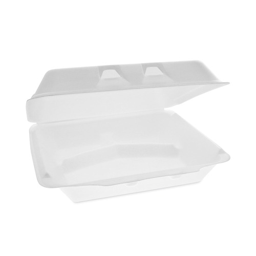 Food Trays, Containers, and Lids | Pactiv Corp. YHLW10030000 SmartLock 9.5 in. x 10.5 in. x 3.25 in. 3-Compartment Hinged Foam Containers - X-Large, White (250/Carton) image number 0