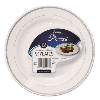 WNA 9 in. Diameter Masterpiece Plastic Dinnerware - White/Silver (10/Pack)