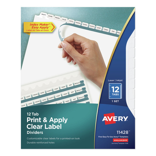 Office Jansan | Avery 11428 Index Maker 11 in. x 8.5 in. 12-Tab Print and Apply Clear Label Dividers - White/White Tabs (1-Set) image number 0