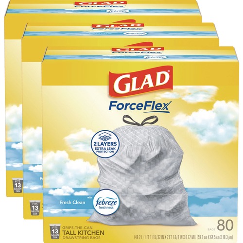 Cleaning & Janitorial Supplies | Glad 78899 ForceFlex 24 in. x 27.38 in. 13 Gallon Kitchen Drawstring Trash Bags - Fresh Clean Scent/White (240/Carton) image number 0