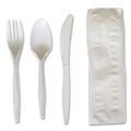 Food Service | Boardwalk BWK4COMBOKITPP 4-Piece Mediumweight Polypropylene Plastic Fork/Knife/Napkin/Spoon Cutlery Kit - White (250/Carton) image number 1