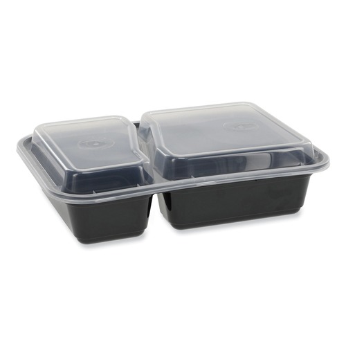 Labor Day Sale! Save $30 off $199! | Pactiv Corp. NC8288B Newspring VERSAtainer 6 x 8.5 x 2.5 30 oz 2-Compartment Rectangular Plastic Microwavable Containers - Black/Clear (150/Carton) image number 0