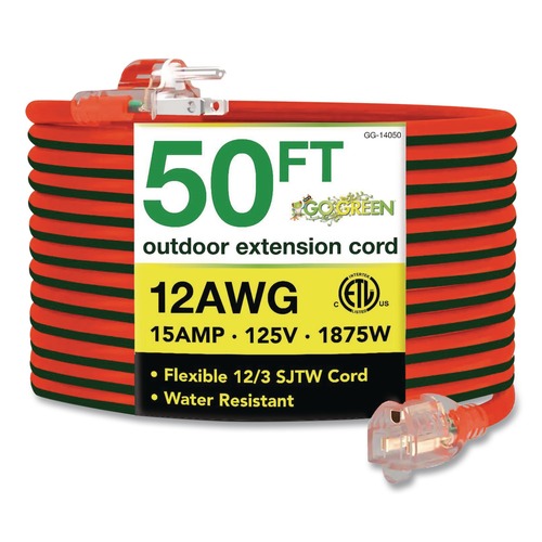 Office Electronics & Batteries | GoGreen Power GG-14050 50 ft. 15 Amps 12 AWG Lighted End Heavy-Duty Extension Cord - Orange/Black image number 0