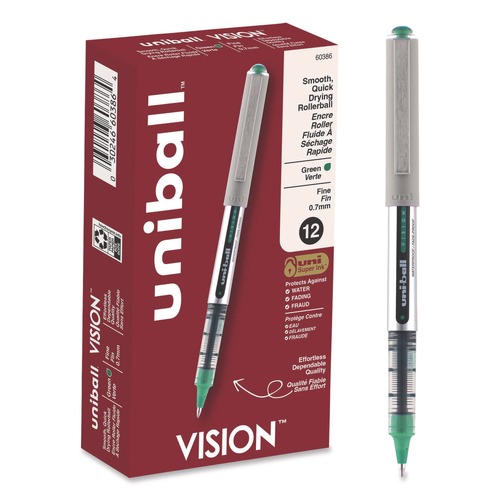Pens | uni-ball 60386 Fine 0.7 mm VISION Stick Roller Ball Pen - Green Ink, Silver/Green/Clear Barrel (1-Dozen) image number 0