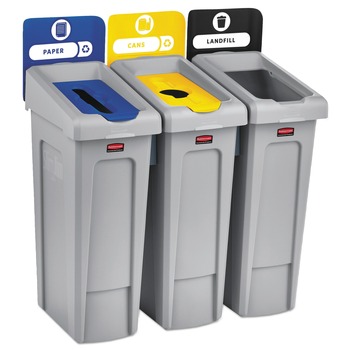 Rubbermaid Commercial 2007917 Slim Jim 69 gal. 3 Stream Landfill/Paper/Bottles/Cans Recycling Station - Gray