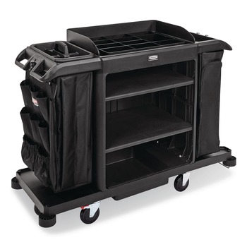 Rubbermaid Commercial 24.4 in. x 62.4 in. x 49 in. Full-Size 3-Shelf Resin Housekeeping Cart with Accessory Bundle - Black