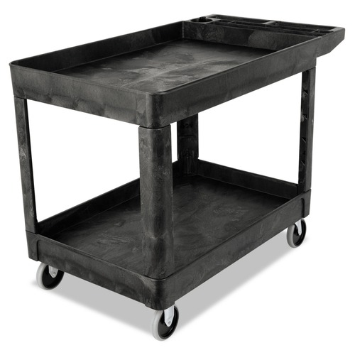Office Jansan | Rubbermaid Commercial FG452089BLA 25.78 in. x 45.25 in. x 33.25 in. 500 lbs. Capacity 2 Shelves Plastic Heavy-Duty Utility Cart with Lipped Shelves - Black image number 0