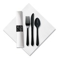 Labor Day Sale! Save $30 off $199! | Hoffmaster 119971 CaterWrap Heavyweight Plastic Fork/Knife/Napkin/Spoon Cutlery Combo Kit - Black (100/Carton) image number 1