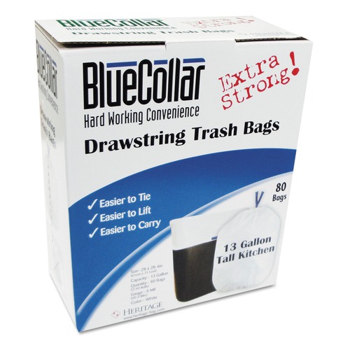 Storage Accessories | BlueCollar N4828EW RC1 24 in. x 28 in. 13 Gallon 0.8 mil Drawstring Trash Bags - White (80/Box) image number 0