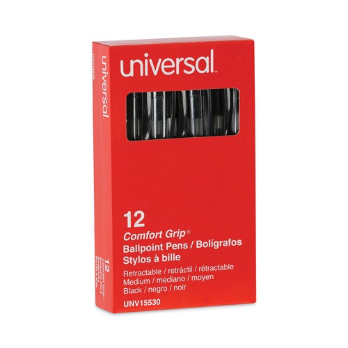 Office Jansan | Universal UNV15530 1 mm Comfort Grip Retractable Ballpoint Pens - Medium, Black (1 Dozen) image number 0