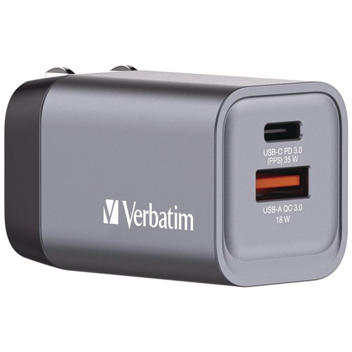 Office Electronics & Batteries | Verbatim 32200 35 Watts 2-Port GaN Wall Charger - Black/Gray image number 0