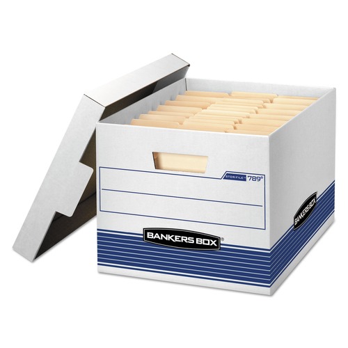 Office Jansan | Bankers Box 00789 12.75 in. x 16.5 in. x 10.5 in. STOR/FILE Medium-Duty Letter/Legal Storage Boxes - White/Blue (12/Carton) image number 0