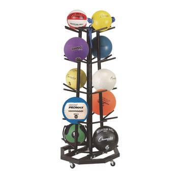 Champion Sports 25 in. x 25 in. x 56 in. 198 lbs. Capacity Deluxe 5-Row Metal Mobile Medicine Ball Rack - Black