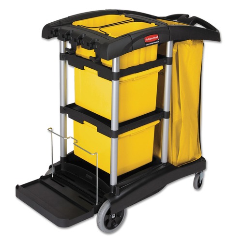  | Rubbermaid Commercial HYGEN FG9T7300BLA 22 in. x 48-1/4 in. x 44 in. Hygen M-Fiber Healthcare Cleaning Cart - Black/Yellow/Silver image number 0