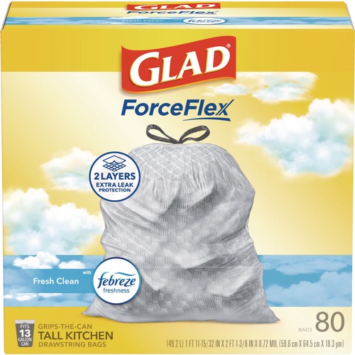 Cleaning & Janitorial Supplies | Glad 78899 ForceFlex 24 in. x 27.38 in. 13-Gallon Kitchen Drawstring Trash Bags - Gain Fresh Clean Scent White (80/Box) image number 0