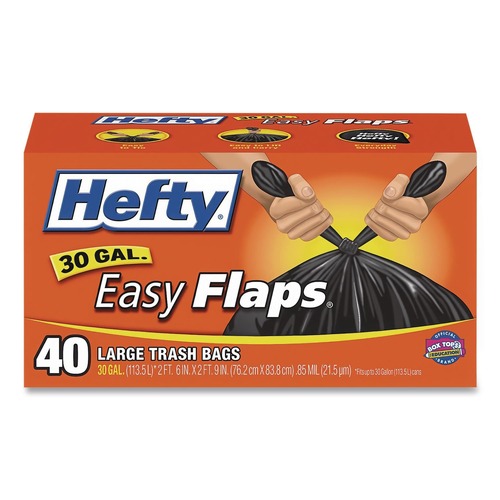 Trash Bags | Hefty E27744 30 in. x 33 in. 30-Gallon 0.85 mil Easy Flaps Trash Bags - Black (40/Box, 6 Boxes/Carton) image number 0