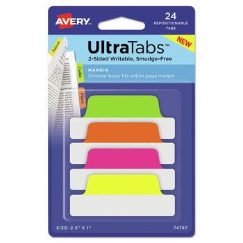 Avery Ultra Tabs 2.5 in. x 1 in. 1/5-Cut Repositionable Margin Tabs - Assorted Neon (24/Pack)